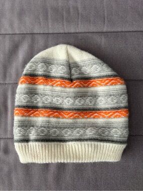 Striped Knit Beanie in Cream, Gray & Orange